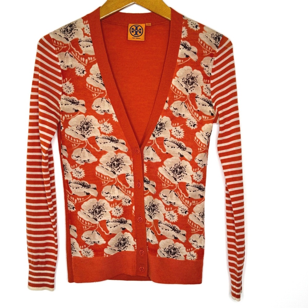 Tory Burch Orange Poppy Cardigan‎ Striped Sleeves XS